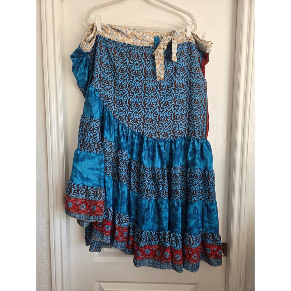 Jessica Taylor Silk Wrap Skirt Blue Red Paisley Floral Tiered Maxi Free Size